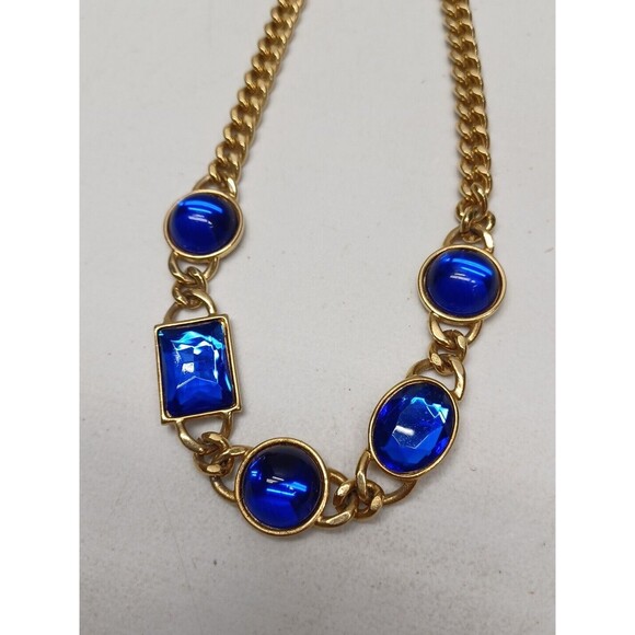 VTG. AVON GOLD TONE GLASS NECKLACE CUBAN LINK CHAIN COBALT BLUE MOGAL GRIPIOX - Picture 5 of 12